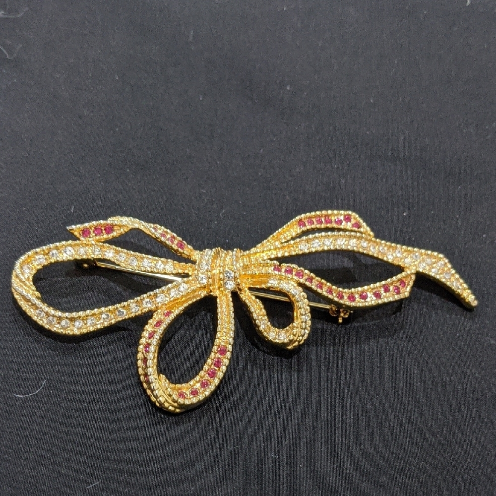 Gold and Red Bow Brooch